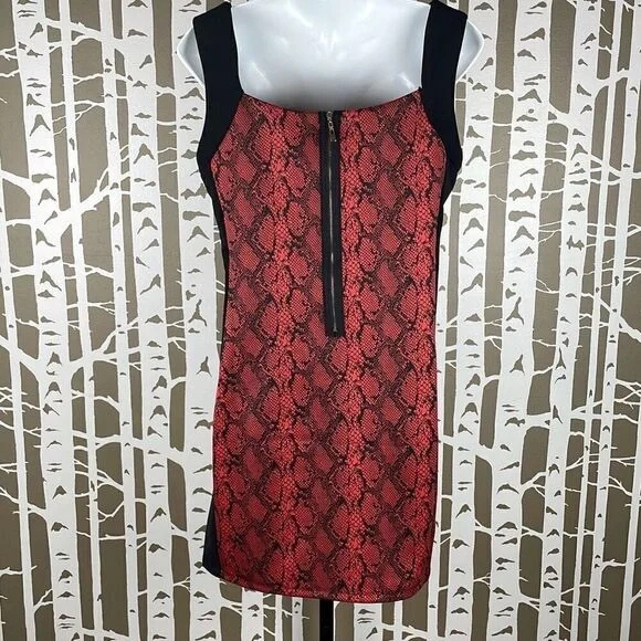 Red Snake-Print Sheath Dress with Black Panels - Picture 2 of 8